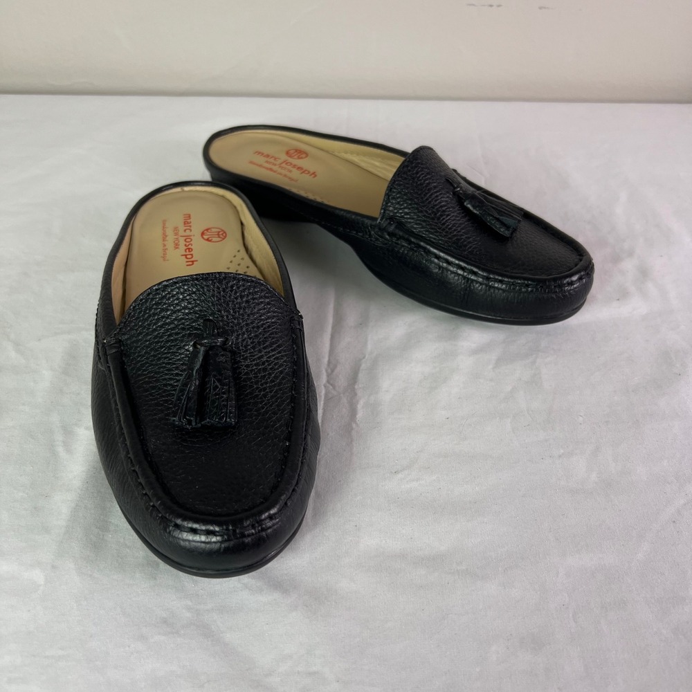 Marc Joseph New York Palm Beach 7 Tumbled Black Leather Tassel Mule Loafers Chic